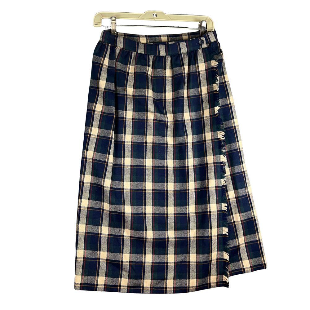Vintage Schrader Sport Skirt 12 Blue White Tartan Plaid Pleated Midi Academic